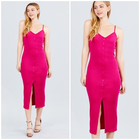 LAST ONE❗Trendy Ribbed Midi Dress In Hot Pink - Picture 4 of 4